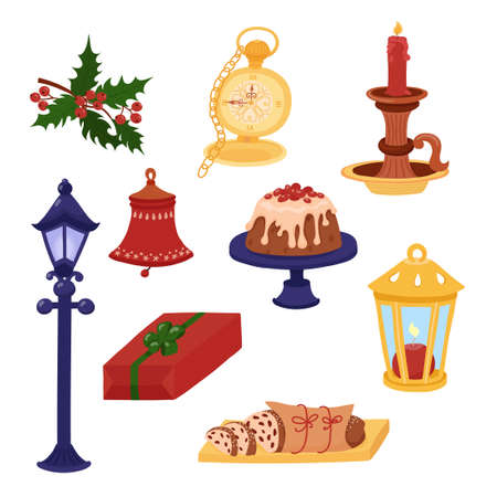 Chistmas elements hand drawn set in bright colors.のイラスト素材