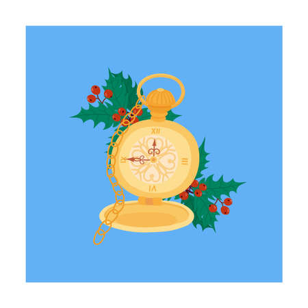 Christmas magic time. Retro watch on chain and holly.のイラスト素材