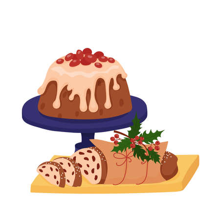 Christmas stollen and Christmas pudding. Hand drawn vector cardのイラスト素材