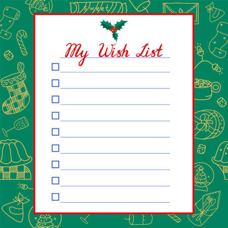 Christmas wish list on green background with Christmas symbols.のイラスト素材