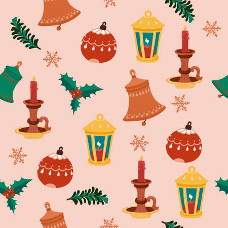Seamless Christmas pattern with bells, lantern, candle and tree toys.のイラスト素材
