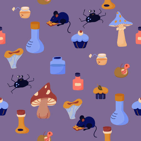 Halloween seamless pattern with mushrooms, cupcakes, mouse and potionsのイラスト素材