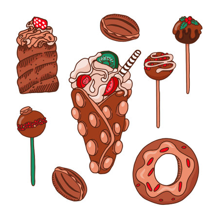 Hong Kong waffle with caramel, ice cream and berries, trdlo, sweet nuts and cake pops Vector fast food,のイラスト素材