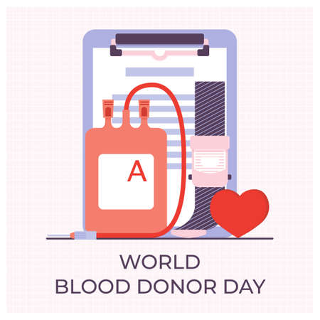 Blood bag and heart, medicine tourniquet. Give blood save life. Blood donation day concept.のイラスト素材