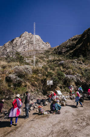 Huaraz, Peru, July 29, 2014: multitude of vendors from rural communities with food and products near the lagoon paronのeditorial素材
