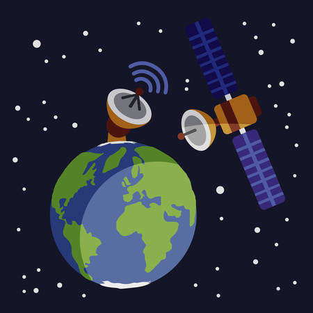 earth planet earth globe with a large antenna sending communications to a satellite located in the space between the starsのイラスト素材
