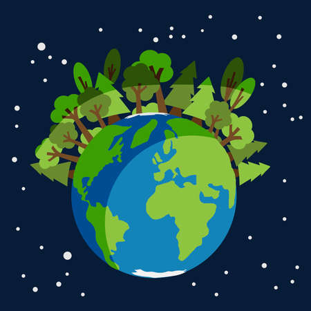 Earth planet earth globe full of biodiversity and green tree forests surrounded by stars in space, environment conceptのイラスト素材