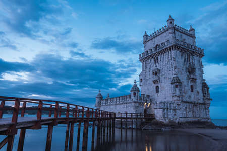 blue hour at the belem tower in lisbon, horizontalのeditorial素材