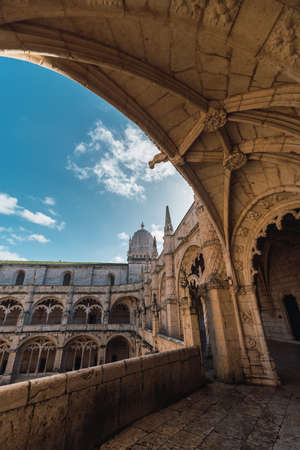 second floor of the cloister of the cathedral of the Jeronimos monastery in Lisbon, verticallyのeditorial素材