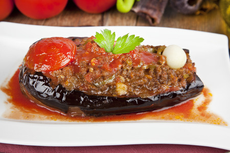 Turkish Traditional Aubergine Eggplant Meal - Karniyarik (Riven Belly)の写真素材