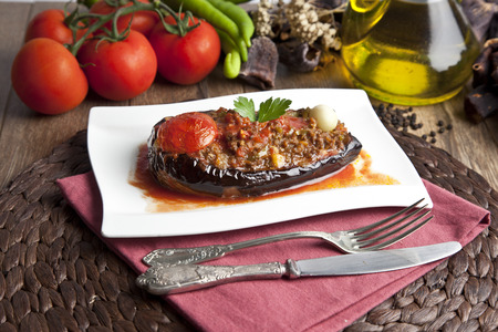 Turkish Traditional Aubergine Eggplant Meal - Karniyarik (Riven Belly)の写真素材