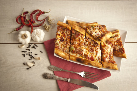 Turkish traditional beef and cheese Pideの写真素材