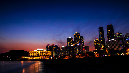 Haeundae Beach Busan, this Gloomy Sunset photo was taken at Haeundae beach, Busan, South Korea. this is very famous sea beach in south Korea.の写真素材