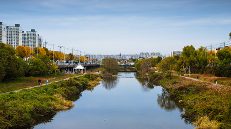 Gwangju city and river at Gwangju, South Koreaのeditorial素材