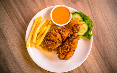 Crispy fried chicken with french fries and vegetable on white plateの写真素材