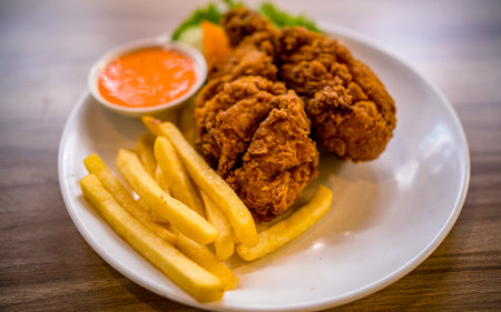 Crispy fried chicken and french fries in white plate on wooden tableの写真素材