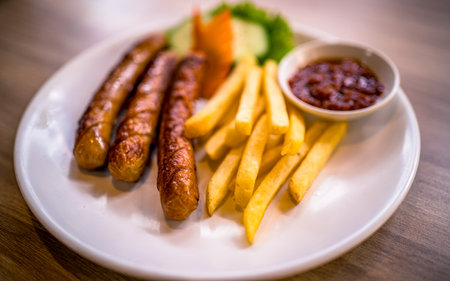 <p>Grilled sausages with french fries on white plate, Thailand.</p>の写真素材