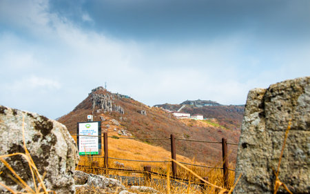 Landscape view of the mountain with blue sky in autumn season at Gwangju, South Korea.の写真素材