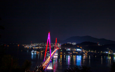 Suspension bridge in Yeosu beach, South Korea.の写真素材