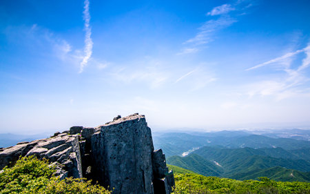 Mountain landscape with green grass and flowers under blue sky with white clouds at Mudeungsang, Gwangju, South Korea.の写真素材