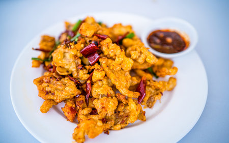 Fried chicken with spicy sauce on white plate, Thai food.の写真素材