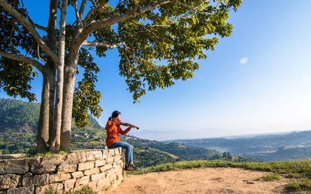 female playing violin on laps of tree at Kathmandu, Nepal.の写真素材