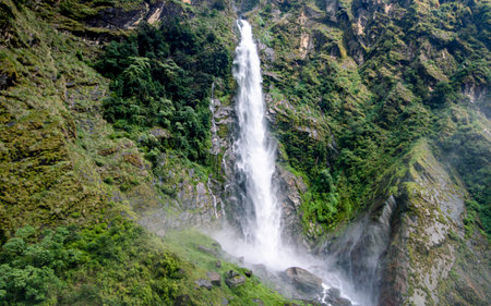 Waterfall in the mountains of Nepalの写真素材