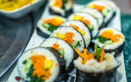 flat view of Korean traditional food kimbapの写真素材