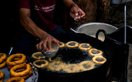 Traditional street food bread cooking in kathmandu, Nepal.の写真素材