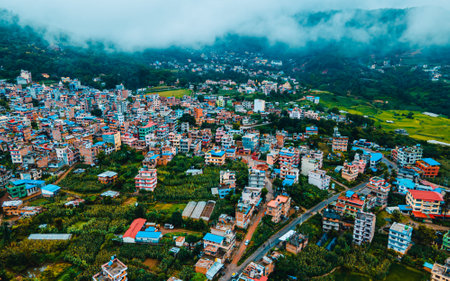 Aerial view of the Pharping valley during monsoon season in Kathmandu, Nepal.の写真素材