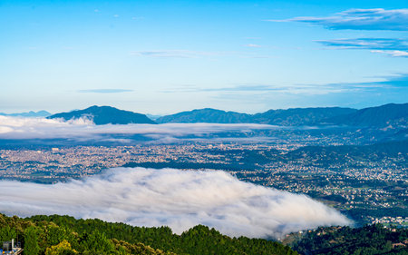 Landscape view of the mountains and the sea of fog in the morning, Kathmandu, Nepal.の写真素材