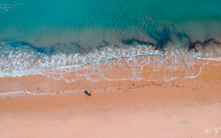 Aerial view of beautiful tropical beach with white sand and turquoise sea, South Korea.