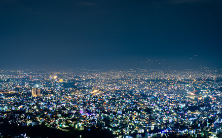 Night view of the city of  Kathmandu from the top of the mountain, Nepal.の写真素材