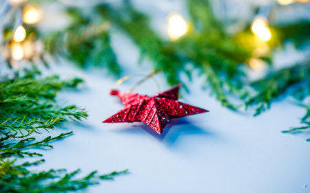 Christmas and New Year holidays background. Christmas tree branches, red star on white backgroundの写真素材
