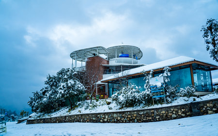 Snow covered trees in the park, Chandragiri, Nepal.の写真素材