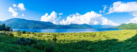 Panoramic view of the Rara lake and mountains in the background, Nepal.の写真素材
