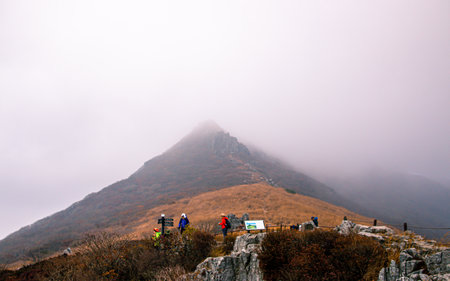 Mountain landscape with blue sky and white clouds at sunny day in Medungsan, Gwangju, South Korea.