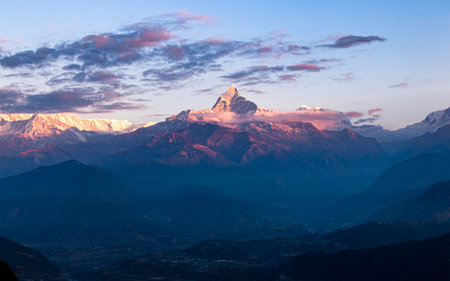 Landscape view of Mount Machhapuchre range in Pokhara, Nepal.