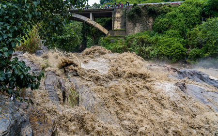 Flood on the river in the city of kathmandu, Nepal.の写真素材