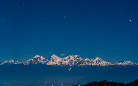 Night view of Himalaya mountain range and starry sky, Nepalの写真素材