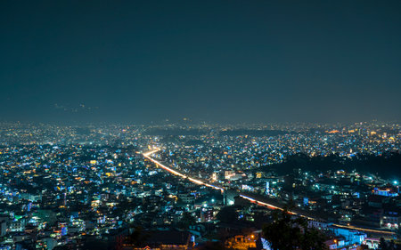 Panoramic view of Kathmandu city at night, Nepalの写真素材