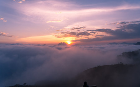 Sunrise on the mountain at Doi Inthanon National Park, Chiang Mai, Thailandの写真素材