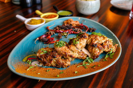 Grilled chicken meat with spices and herbs on a blue plate.