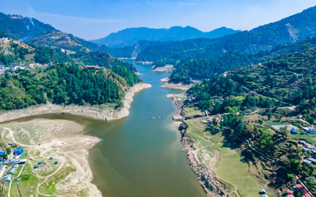 Aerial view of Kulakhani river in Makwanpur, Nepal.