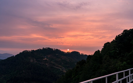 Landscape view of gloomy Sunrise over the  mountain in Nepal.