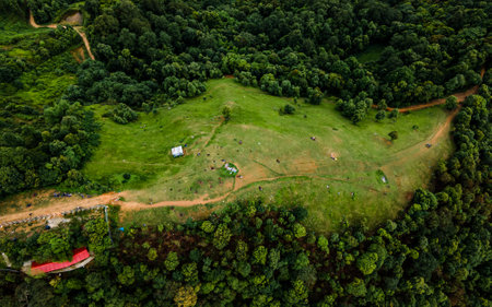 Aerial view of the beautiful landscape of the mountains and forests in Nepal.の写真素材