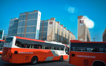 Tourist buses in Frankfurt, Germany. Frankfurt is the capital and largest city of Germany.