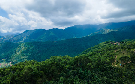 Aerial view of the beautiful landscape of the forest and mountains in Kathmandu, Nepal.