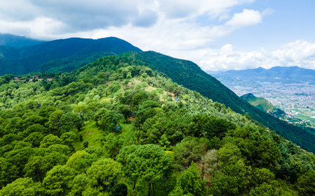 Aerial view of the beautiful landscape of the forest and mountains in Kathmandu, Nepal.の写真素材