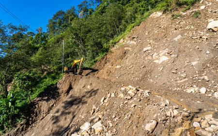 excavator working on earthmoving works at construction site in Nepal.の写真素材